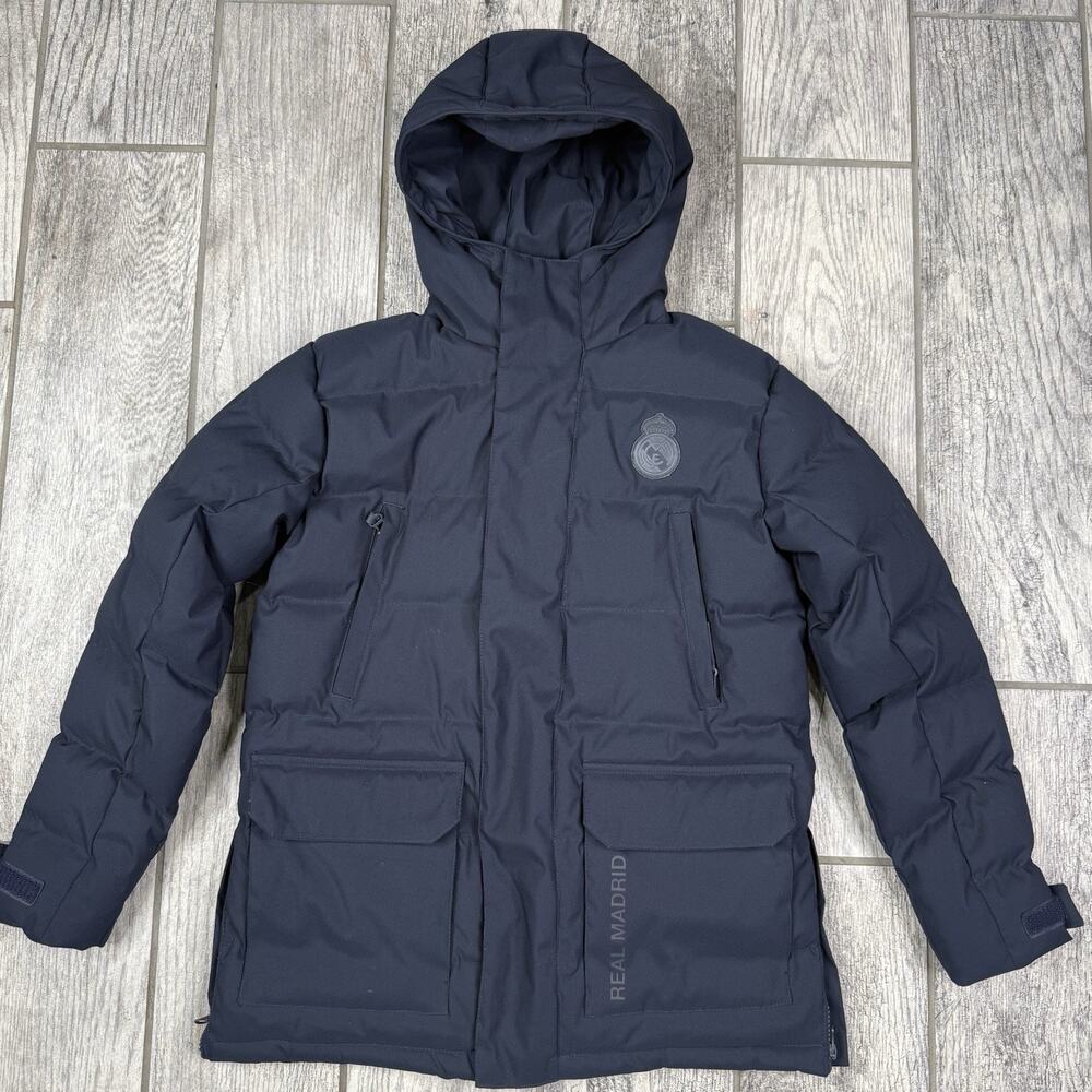Real Madrid Official Kids Outerwear Long Padded Parka Coat Navy Blue Size 9/10